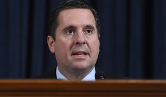 Ranking member Rep. Devin Nunes of Calif., gives his closing remarks as former White House national security aide Fiona Hill, and David Holmes, a U.S. diplomat in Ukraine, testify before the House Intelligence Committee on Capitol Hill in Washington, Thursday, Nov. 21, 2019, during a public impeachment hearing of President Donald Trump&#39;s efforts to tie U.S. aid for Ukraine to investigations of his political opponents. (Associated Press/File)