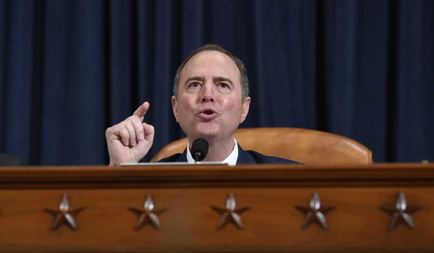 House Intelligence Committee Chairman Adam Schiff, D-Calif., gives final remarks during a hearing where former White House national security aide Fiona Hill, and David Holmes, a U.S. diplomat in Ukraine, testified before the House Intelligence Committee on Capitol Hill in Washington, Thursday, Nov. 21, 2019, during a public impeachment hearing of President Donald Trump&#39;s efforts to tie U.S. aid for Ukraine to investigations of his political opponents. (AP Photo/Susan Walsh)