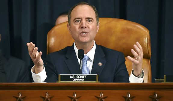 House Intelligence Committee Chairman Adam Schiff, D-Calif., gives final remarks during a hearing where former White House national security aide Fiona Hill, and David Holmes, a U.S. diplomat in Ukraine, testified before the House Intelligence Committee on Capitol Hill in Washington, Thursday, Nov. 21, 2019, during a public impeachment hearing of President Donald Trump's efforts to tie U.S. aid for Ukraine to investigations of his political opponents. (Bill O'Leary/Pool Photo via AP)