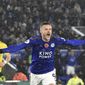 Leicester&#x27;s Jamie Vardy celebrates after scoring the opening goal during the English Premier League soccer match between Leicester City and Arsenal at the King Power Stadium in Leicester, England, Saturday, Nov. 9, 2019. (AP Photo/Rui Vieira)