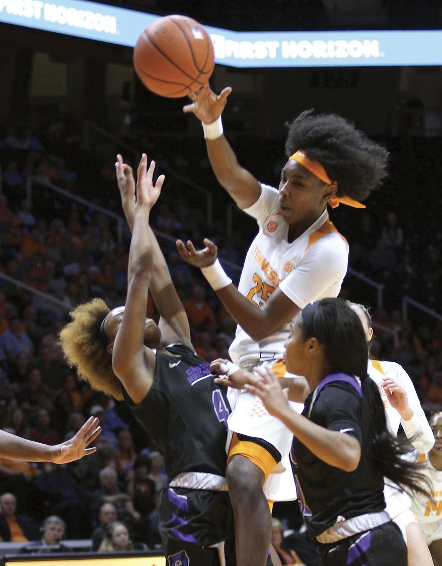 Tennessee's Jordan Horston drives the lane and passes inside against Central Arkansas during an NCAA college basketball game Thursday, Nov. 7, 2019, in Knoxville, Tenn. (Tom Sherlin/The Daily Times via AP)