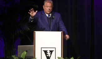 Former Vice President Al Gore speaks on climate change at Vanderbilt University as part of a worldwide event called 24 Hours of Reality: Truth in Action on Wednesday, Nov. 20, 2019, in Nashville, Tenn. (AP Photo/Mark Humphrey)