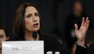 Former White House national security aide Fiona Hill testifies before the House Intelligence Committee on Capitol Hill in Washington, Thursday, Nov. 21, 2019, during a public impeachment hearing of President Donald Trump&#39;s efforts to tie U.S. aid for Ukraine to investigations of his political opponents. (AP Photo/Andrew Harnik)