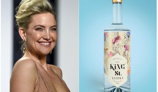 This combination photo shows actress Kate Hudson at the Vanity Fair Oscar Party in Beverly Hills, Calif. on Feb. 27, 2017, left, and a bottle of her gluten-free, non-GMO King St. Vodka. Celebrities are deep into the liquor and wine business with their own brands that are particularly gifty for drink-loving fans. (AP Photo, left, and King St. Vodka via AP)