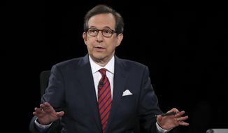 In this Oct. 19, 2016, file photo, moderator Chris Wallace guides the discussion between Democratic presidential nominee Hillary Clinton and Republican presidential nominee Donald Trump during the third presidential debate at UNLV in Las Vegas. (Joe Raedle/Pool via AP, File)