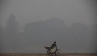 A cyclist pushes his laden bike through smog, in Lahore, Pakistan, Thursday, Nov. 21, 2019. Amnesty International issues &amp;quot;Urgent Action&amp;quot; saying every person in Lahore at risk. Heavy smog has enveloped many cities of Punjab province, causing highway accidents and respiratory problems, and forcing many residents to stay home. (AP Photo/K.M. Chaudary)