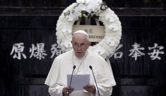 Pope Francis delivers the speech at the Atomic Bomb Hypocenter Park, Sunday, Nov. 24, 2019, in Nagasaki, Japan. (AP Photo/Gregorio Borgia)