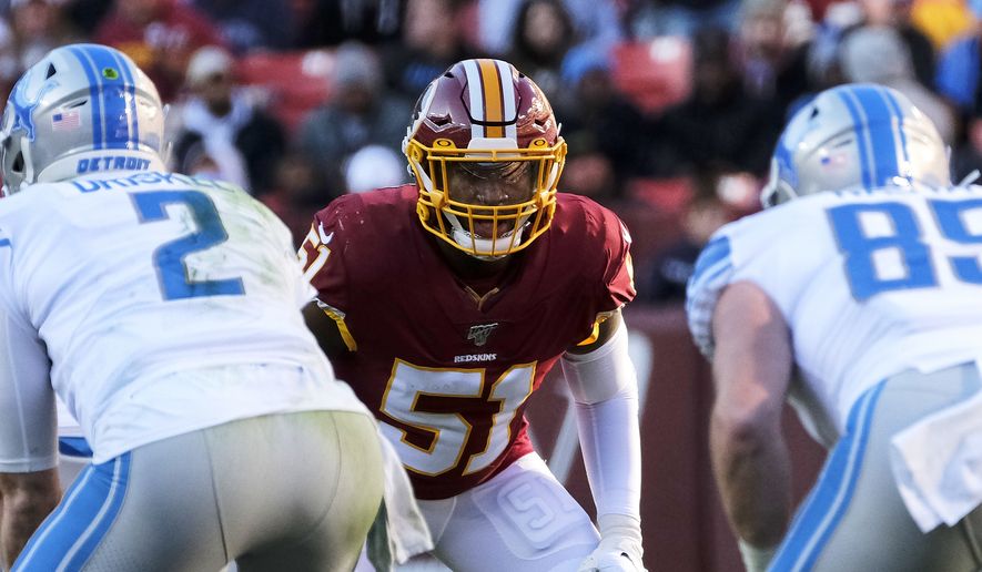 Washington Redskins linebacker Shaun Dion Hamilton (51) looks across the line of scrimmage during an NFL football game against the Detroit Lions, Sunday, Nov. 24, 2019, in Landover, Md. (AP Photo/Mark Tenally) ** FILE **