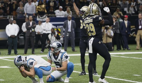 Carolina Panthers kicker Joey Slye (4) reacts after missing a field goal, late in the fourth quarter during an NFL football game against the New Orleans Saints, Sunday, Nov. 24, 2019, in New Orleans. (AP Photo/Butch Dill)