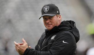 Oakland Raiders head coach Jon Gruden watches his team warm up before an NFL football game against the New York Jets Sunday, Nov. 24, 2019, in East Rutherford, N.J. (AP Photo/Adam Hunger)