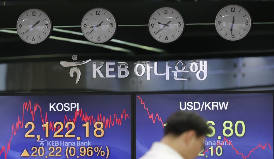 A currency trader stands near the screens showing the Korea Composite Stock Price Index (KOSPI), left, and the foreign exchange rate between U.S. dollar and South Korean won at the foreign exchange dealing room in Seoul, South Korea, Monday, Nov. 25, 2019. Asian shares were mostly higher Monday amid some optimism that the U.S. and China may edging closer to a trade deal. (AP Photo/Lee Jin-man)