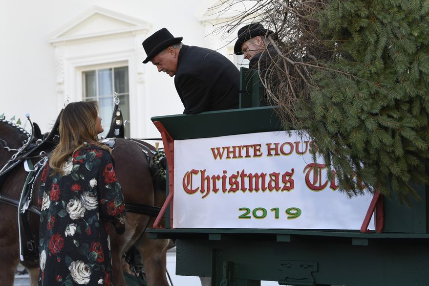 First lady Melania Trump talks with the carriage driver a she looks over the 2019 White House Christmas tree as it is delivered to the White House in Washington, Monday, Nov. 25, 2019. The Douglas fir is approximately 23 feet tall and was grown by Larry and Joanne Snyder at Mahantongo Valley Farms in Pennsylvania. Since 1966, the National Christmas Tree Association has held a contest that awards its winner with the honor of presenting their tree to the first family and will serve as a centerpiece for Christmas decorations in the Blue Room of the White House. (AP Photo/Susan Walsh)
