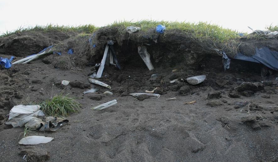 This Sept. 23, 2019, photo in Point Hope, Alaska, shows an abandoned, eroded ice cellar, a type of underground food cache dug into the permafrost to provide natural refrigeration used for generations in far-north communities. Naturally cooled underground ice cellars, used in Alaska Native communities for generations, are becoming increasingly unreliable as a warming climate and other factors touch multiple facets of life in the far north. (Anne Jensen via AP)