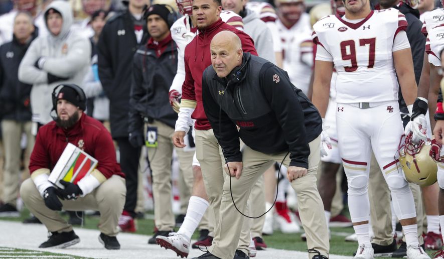 Boston College head coach Steve Addazio watches his team from the sideline as his team played against Notre Dame during the first half of an NCAA college football game in South Bend, Ind., Saturday, Nov. 23, 2019. Notre Dame defeated Boston College 40-7. (AP Photo/Michael Conroy)