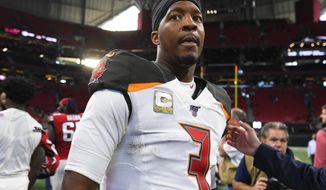 Tampa Bay Buccaneers quarterback Jameis Winston (3) leaves the field after an NFL football game against the Atlanta Falcons, Sunday, Nov. 24, 2019, in Atlanta. The Tampa Bay Buccaneers won 35-22. (AP Photo/John Amis)