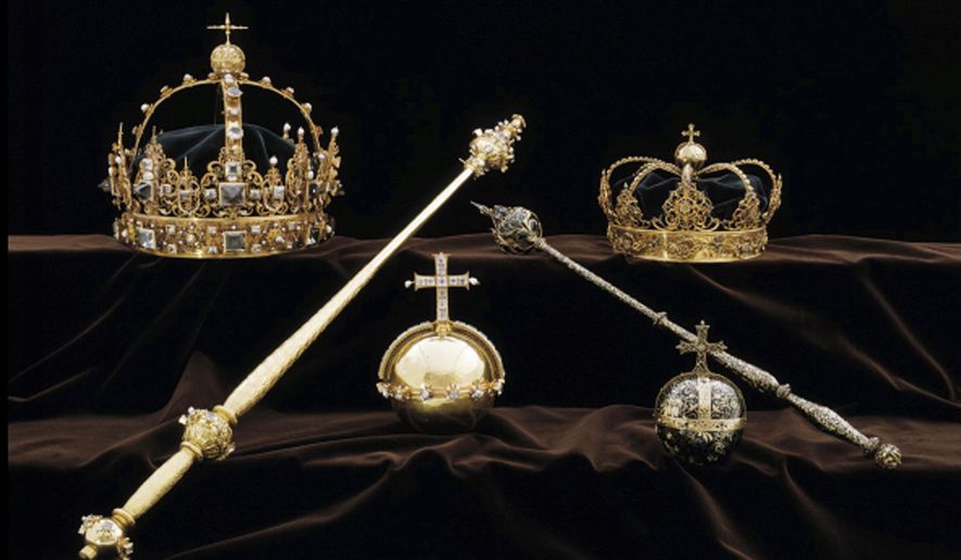 FILE - This file image made available on Wednesday Aug. 1, 2018 by the Swedish Police, shows a collection of Swedish Crown jewels that were stolen from Strangnas cathedral. In a daring daytime heist, thieves in Sweden smashed glass show cases inside a cathedral and snatched 17th-century royal treasures estimated to be worth 65 million kronor ($7 million). A brazen burglary on Monday Nov. 25, 2019 from Dresden’s Green Vault, one of the world’s oldest museums, holding priceless treasures is another in a long history of daring European heists over the years. (Swedish Police via AP, File)