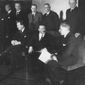 This January 30, 1933 file photo shows the ministers of the new cabinet of Germany&#39;s new Chancellor Adolf Hitler in Berlin. Front row from left to right: Hermann Goering, Adolf Hitler, Franz von Papen. Second row standing from right to left are: Alfred Hugenberg, Werner von Blomberg, Wilhelm Frick, Johann Ludwig Graf Schwerin von Krosigk, Paul Freiherr Eltz von Ruebenach and Franz Beldte. A Geneva businessman says he has purchased Adolf Hitler&#39;s top hat and other Nazi memorabilia to keep them out of the hands of neo-Nazis and will donate them to a Jewish group. (AP Photo)