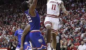 Indiana&#39;s Devonte Green (11) shoots over Louisiana Tech&#39;s Isaiah Crawford (22) during the first half of an NCAA college basketball game, Monday, Nov. 25, 2019, in Bloomington, Ind. (AP Photo/Darron Cummings)