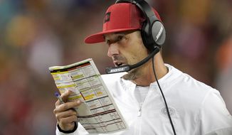 San Francisco 49ers head coach Kyle Shanahan walks on the sideline during the second half of an NFL football game between the 49ers and the Green Bay Packers in Santa Clara, Calif., Sunday, Nov. 24, 2019. (AP Photo/Tony Avelar)