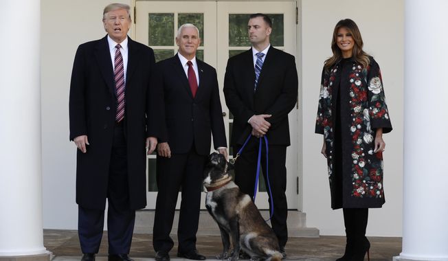 President Donald Trump, Vice President Mike Pence and first lady Melania Trump present Conan, the military working dog injured in the successful operation targeting Islamic State leader Abu Bakr al-Baghdadi, before the media in the Rose Garden at the White House, Monday, Nov. 25, 2019 in Washington. (AP Photo/Evan Vucci)