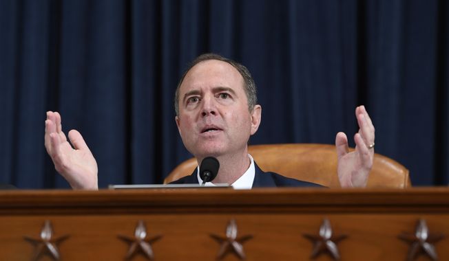 House Intelligence Committee Chairman Adam Schiff, D-Calif., gives final remarks during a hearing where former White House national security aide Fiona Hill, and David Holmes, a U.S. diplomat in Ukraine, testified before the House Intelligence Committee on Capitol Hill in Washington, Thursday, Nov. 21, 2019, during a public impeachment hearing of President Donald Trump&#x27;s efforts to tie U.S. aid for Ukraine to investigations of his political opponents.(AP Photo/Susan Walsh)