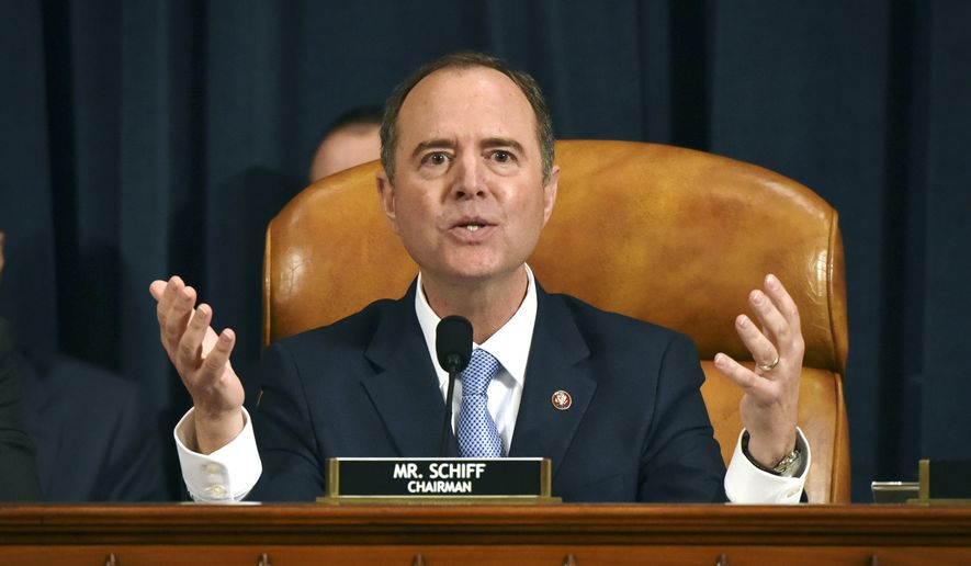 House Intelligence Committee Chairman Adam Schiff, D-Calif., gives final remarks during a hearing where former White House national security aide Fiona Hill, and David Holmes, a U.S. diplomat in Ukraine, testified before the House Intelligence Committee on Capitol Hill in Washington, Thursday, Nov. 21, 2019, during a public impeachment hearing of President Donald Trump&#x27;s efforts to tie U.S. aid for Ukraine to investigations of his political opponents. (Bill O&#x27;Leary/Pool Photo via AP)