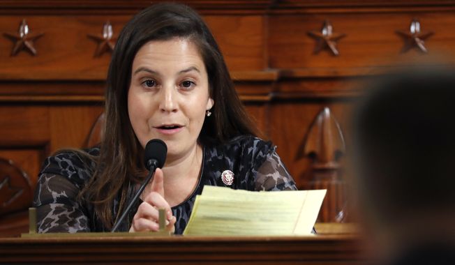 Rep. Elise Stefanik, R-N.Y., questions Ambassador Kurt Volker, former special envoy to Ukraine, and Tim Morrison, a former official at the National Security Council, as they testify before the House Intelligence Committee on Capitol Hill in Washington, Tuesday, Nov. 19, 2019, during a public impeachment hearing of President Donald Trump&#x27;s efforts to tie U.S. aid for Ukraine to investigations of his political opponents. (AP Photo/Jacquelyn Martin, Pool)
