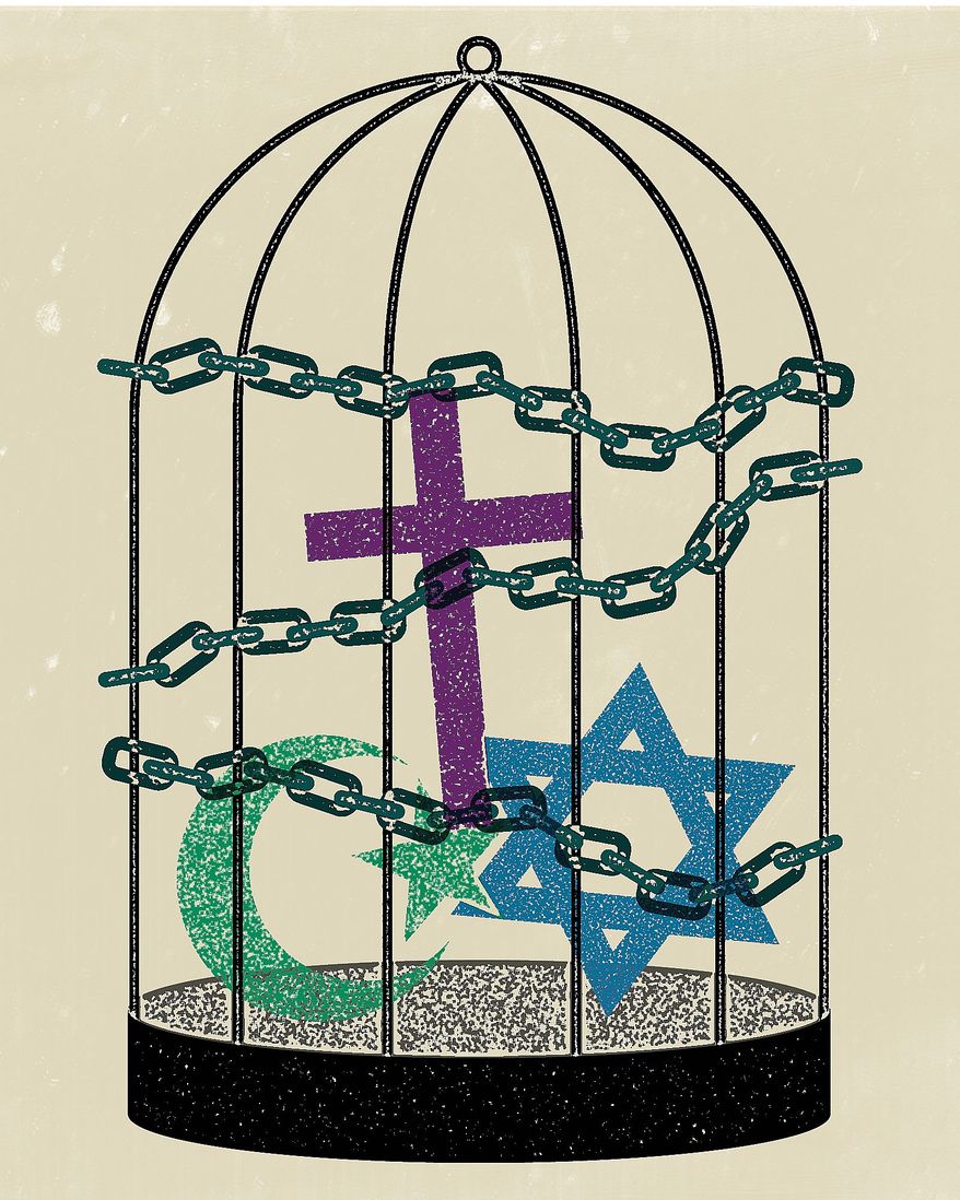 Illustration on religious freedom by Linas Garsys/The Washington Times
