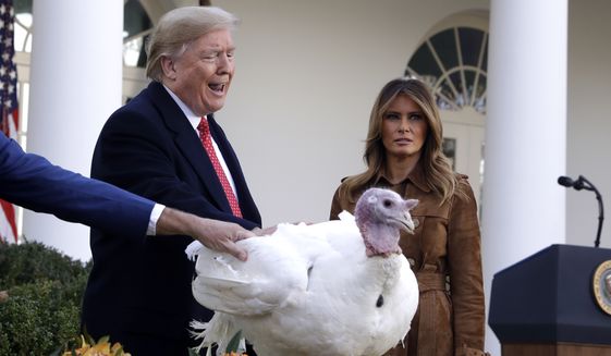 President Donald Trump pardons Butter, the national Thanksgiving turkey, in the Rose Garden of the White House, Tuesday, Nov. 26, 2019, in Washington, as first lady Melania Trump watches. (AP Photo/ Evan Vucci)
