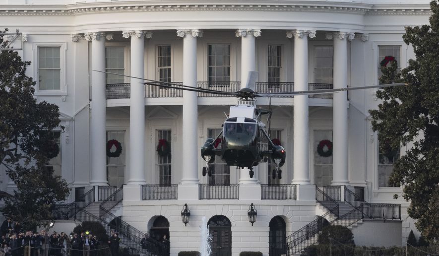 Marine One, with President Donald Trump aboard, lifts off from the the South Lawn of the White House, Tuesday, Nov. 26, 2019, in Washington. (AP Photo/Alex Brandon)