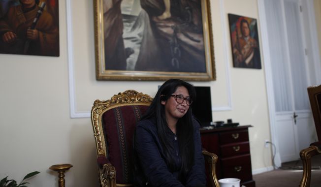 Bolivia&#x27;s President of the Senate Monica Eva Copa speaks during an interview at the Plurinational Legislative Assembly in La Paz, Bolivia, Tuesday, Nov. 26, 2019. Evo Morales fell because of treasons, mistakes and because some became drunk with power, said Copa during the interview. (AP Photo/Juan Karita)