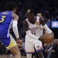 Oklahoma City Thunder guard Dennis Schroder, right, drives the ball against Golden State Warriors&#39; Jordan Poole (3) during the first half of an NBA basketball game Monday, Nov. 25, 2019, in San Francisco. (AP Photo/Ben Margot)