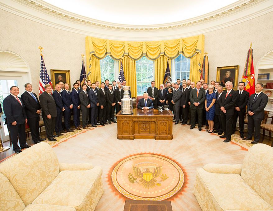 President Donald J. Trump participates in a visit with 2016 Stanley Cup Champions: The Pittsburgh Penguins Tuesday October 10, 2017, in the Oval Office of the White House in Washington, D.C.  (Official White House Photo by Shealah Craighead)