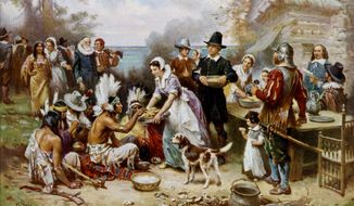 Thanksgiving oil painting by Jean Louis Gerome Ferris, 1932. (public domain)