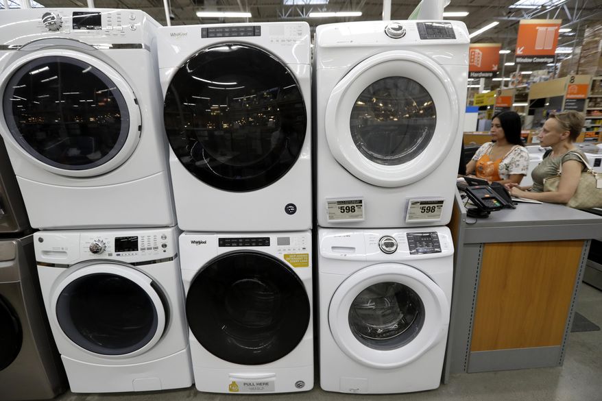 FILE - In this Sept. 23, 2019, file photo, clothes dryers, top, are stacked on top of washing machines at a Home Depot store location, in Boston. On Wednesday, Nov. 27, the Commerce Department releases its October report on durable goods. (AP Photo/Steven Senne, File)