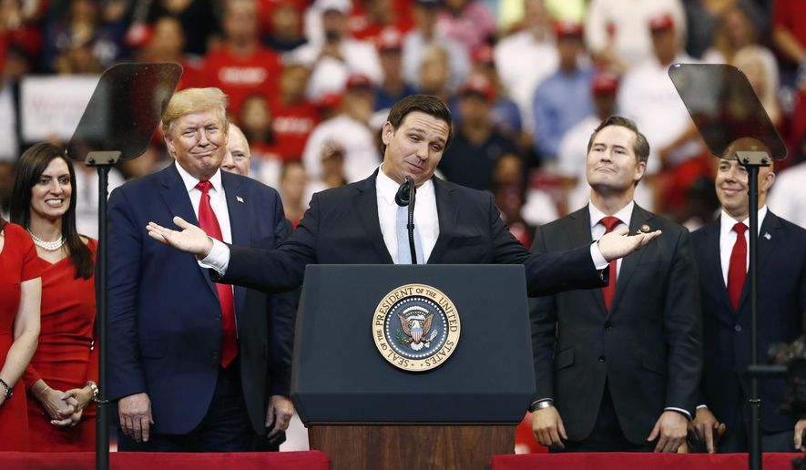 Florida Gov. Ron DeSantis speaks about President Donald Trump during a campaign rally Tuesday, Nov. 26, 2019, in Sunrise, Fla. (AP Photo/Brynn Anderson) ** FILE **
