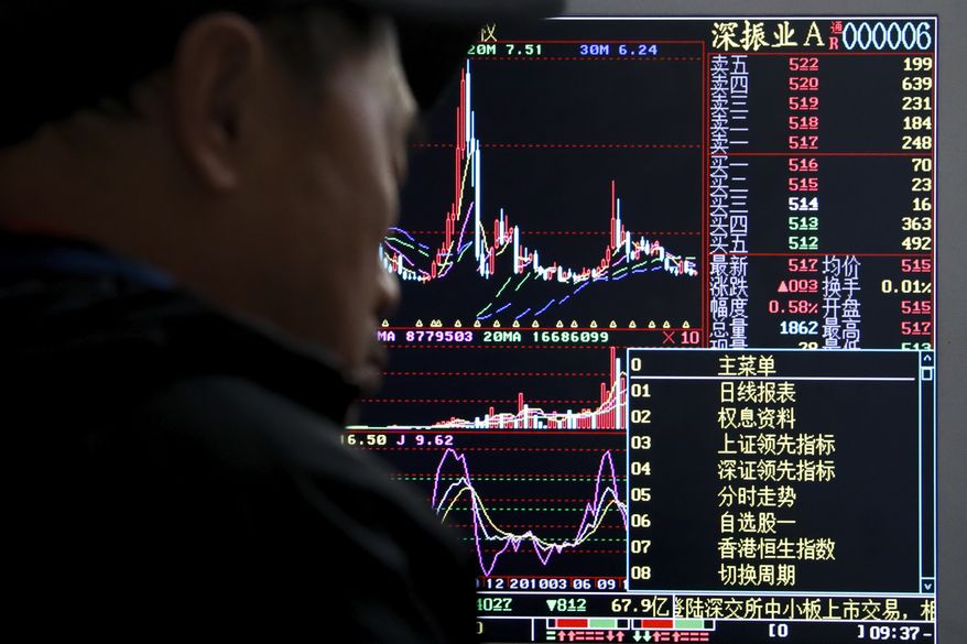 A Chinese investor checks stock prices at a brokerage house in Beijing, Thursday, Nov. 28, 2019. Asian shares were mostly lower on Thursday after President Donald Trump signed a bill expressing support for human rights in Hong Kong. (AP Photo/Andy Wong)