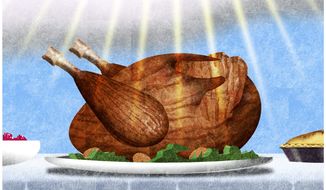 Illustration on gratitude at Thanksgiving by Alexander Hunter/The Washington Times