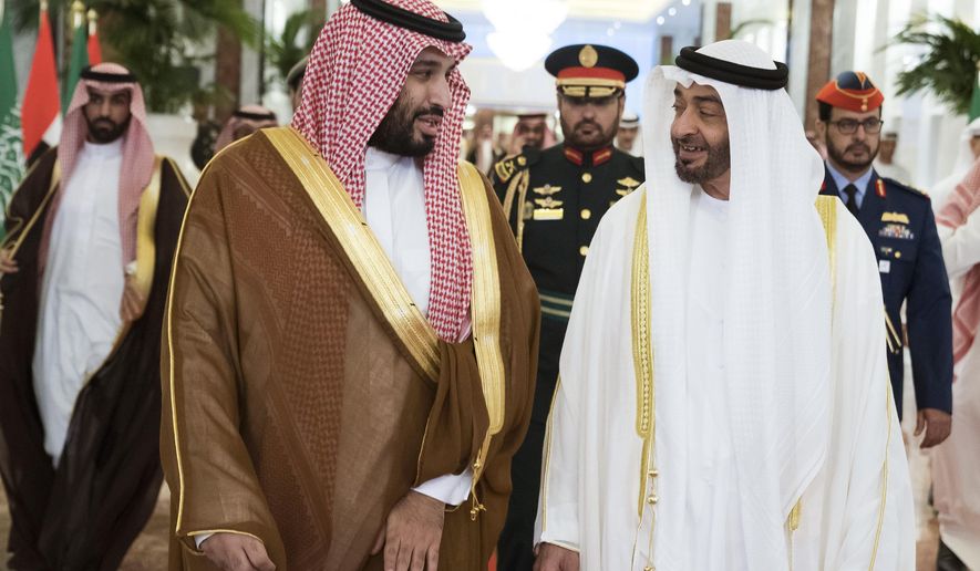 In this Wednesday, Nov. 27, 2019, photo released by Ministry of Presidential Affairs, Abu Dhabi Crown Prince Mohammed bin Zayed Al Nahyan, right, meets Saudi Crown Prince Mohammed bin Salman in Abu Dhabi, United Arab Emirates. Saudi crown prince is in the United Arab Emirates for talks that are expected to focus on the war in Yemen and tensions with Iran. (Hamad Al Kaabi/Ministry of Presidential Affairs via AP)
