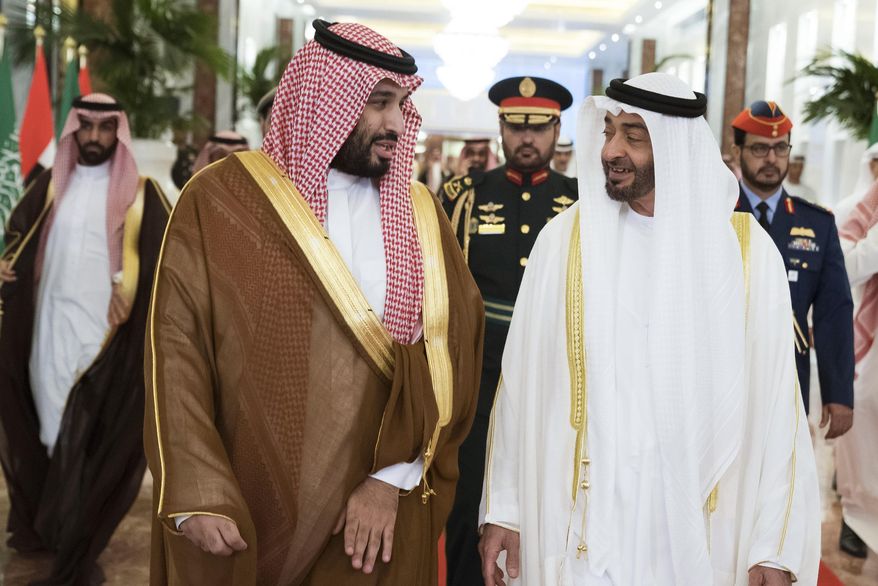 In this Wednesday, Nov. 27, 2019, photo released by Ministry of Presidential Affairs, Abu Dhabi Crown Prince Mohammed bin Zayed Al Nahyan, right, meets Saudi Crown Prince Mohammed bin Salman in Abu Dhabi, United Arab Emirates. Saudi crown prince is in the United Arab Emirates for talks that are expected to focus on the war in Yemen and tensions with Iran. (Hamad Al Kaabi/Ministry of Presidential Affairs via AP)