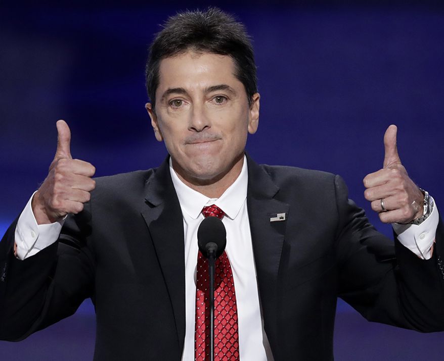 Scott Baio gives two thumbs up after addressing the delegates during the opening day of the Republican National Convention in Cleveland. Baio Tweeted after the election, “Great faith in God works. Mr @realDonaldTrump I'm proud to call you President of the United States of America. And First Lady @melaniatrump." (AP Photo/J. Scott Applewhite, File)