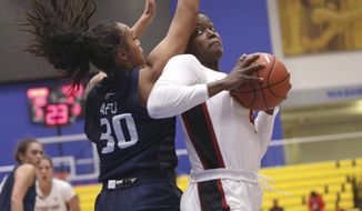 Stanford&#39;s Nadia Fingall looks for the basket as California Baptist&#39;s Tiena Afu defends during second-quarter NCAA college basketball game action at the Victoria Invitational in Victoria, British Columbia, Thursday, Nov. 28, 2019. (Chad Hipolito/The Canadian Press via AP)