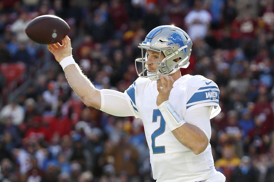Detroit Lions quarterback Jeff Driskel throws a pass against the Washington Redskins during the first half of an NFL football game, Sunday, Nov. 24, 2019, in Landover, Md. (AP Photo/Alex Brandon)