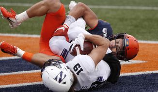 Northwestern wide receiver Riley Lees (19) catches a touchdown pass as Illinois defensive back Sydney Brown (30) defends during the second half of an NCAA college football game Saturday, Nov. 30, 2019, in Champaign , Ill. Northwestern won 29-10. (AP Photo/Charles Rex Arbogast)