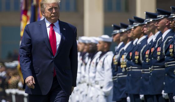 FILE - In this July 25, 2019, file photo, President Donald Trump reviews the troops during a full honors welcoming ceremony for Secretary of Defense Mark Esper at the Pentagon in Washington. If there was one day that crystallized all the forces that led to the impeachment investigation of President Donald Trump, it was July 25. That was the day of his phone call with Ukraine’s new leader, pressing him for a political favor.  (AP Photo/Alex Brandon, File)