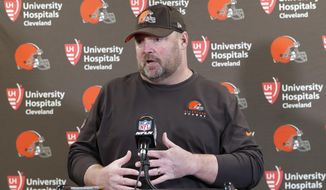 Cleveland Browns head coach Freddie Kitchens answers questions during a news conference after an NFL football game against the Pittsburgh Steelers, Sunday, Dec. 1, 2019, in Pittsburgh. (AP Photo/Don Wright)
