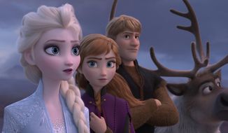 This image released by Disney shows Elsa, voiced by Idina Menzel, from left, Anna, voiced by Kristen Bell, Kristoff, voiced by Jonathan Groff and Sven in a scene from the animated film, &amp;quot;Frozen 2.&amp;quot;  (Disney via AP)