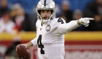 Oakland Raiders quarterback Derek Carr (4) gestures during the first half of an NFL football game against the Kansas City Chiefs in Kansas City, Mo., Sunday, Dec. 1, 2019. (AP Photo/Charlie Riedel)
