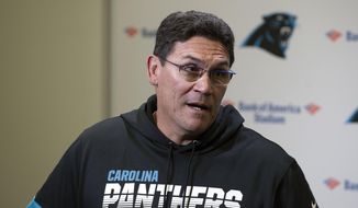 Carolina Panthers head coach Ron Rivera speaks to the media following an NFL football game against the Washington Redskins in Charlotte, N.C., Sunday, Dec. 1, 2019. (AP Photo/Mike McCarn) **FILE**
