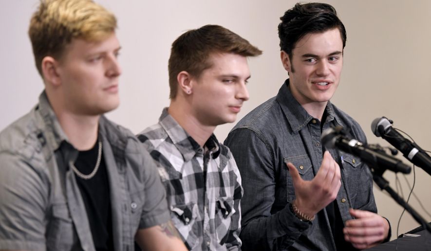 FILE - In this Feb. 11, 2019, file photo, Carverton band members, from left, Michael Wiebel, Michael Curry and Christian Ferguson, talk about fellow member Kyle Yorlets during a press conference about the killing of Yorlets, at Belmont University in Nashville, Tenn. Police in Tennessee were searching Sunday, Dec. 1, for four teenagers who escaped from a juvenile detention center in Nashville. A news release from the Metropolitan Nashville Police Department said two of the teens were charged in separate slayings that occurred earlier this year. The other two escapees were facing armed robbery charges. One of the killings involved Nashville musician Yorlets, who was found shot to death outside his home in February. (Shelley Mays/The Tennessean via AP, File)